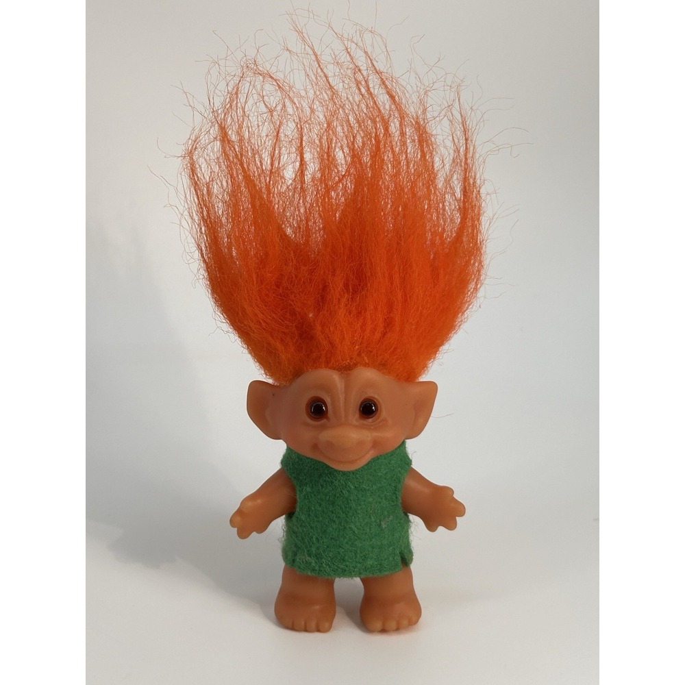 Vintage DAM Troll‎ 3" Neon Orange Hair W/ Green Vest